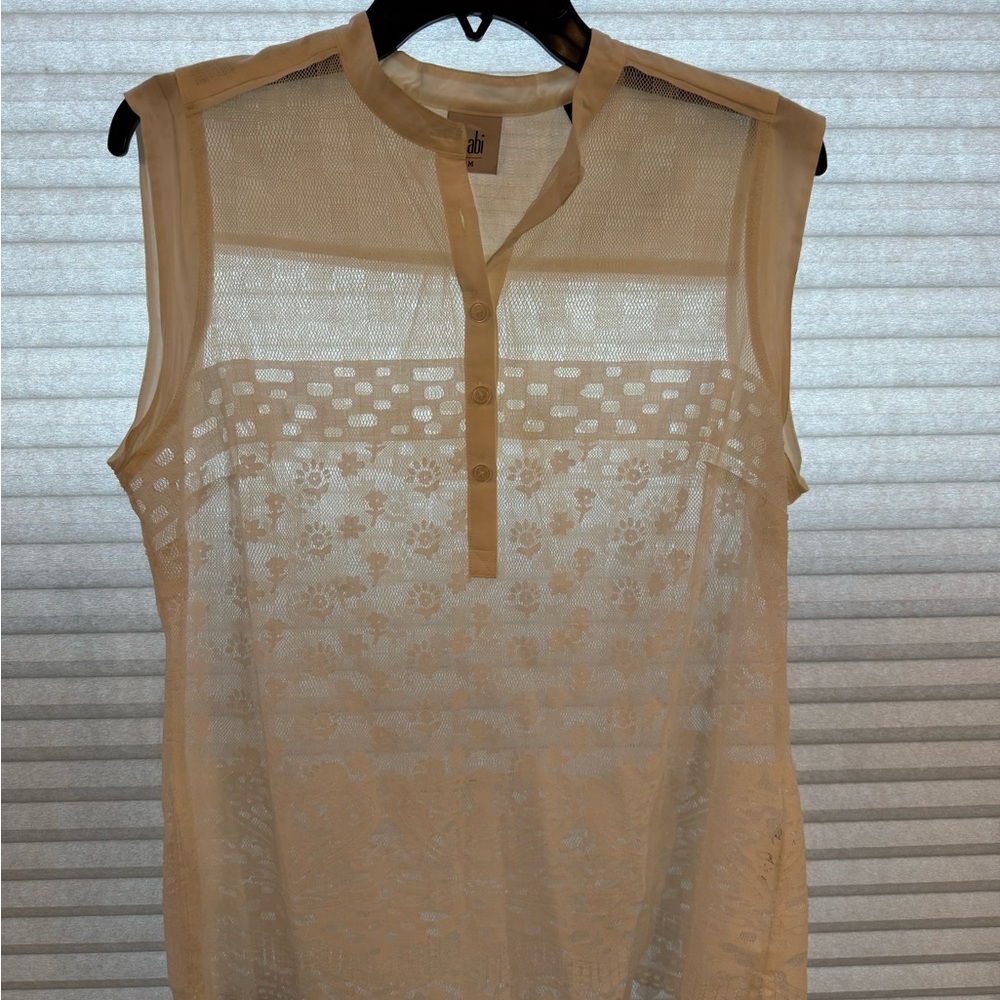 CAbi Tan Sheer Sleeveless Blouse with Mandarin Collar